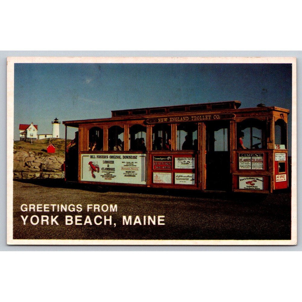 Vtg Postcard York Beach Maine New England Trolley Co Nubble Light Chrome